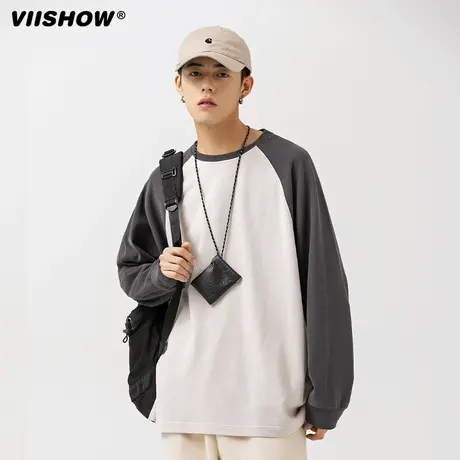 VIISHOW重磅插肩长袖t恤男春秋美式撞色拼接打底衫宽松圆领卫衣男商品大图