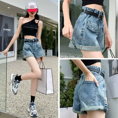 设计感工装牛仔短裤女夏季性感辣妹热裤2023年新款高腰翻边裤子薄商品大图