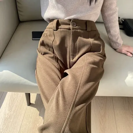 咖啡色毛呢阔腿裤女秋冬2023新款高腰加绒加厚宽松直筒休闲香蕉裤图片