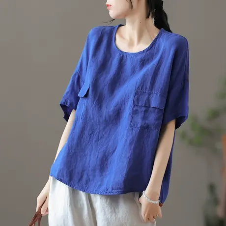 dza纯色圆领亚麻上衣女夏2023新款漂亮短袖t恤宽松口袋棉麻打底衣商品大图