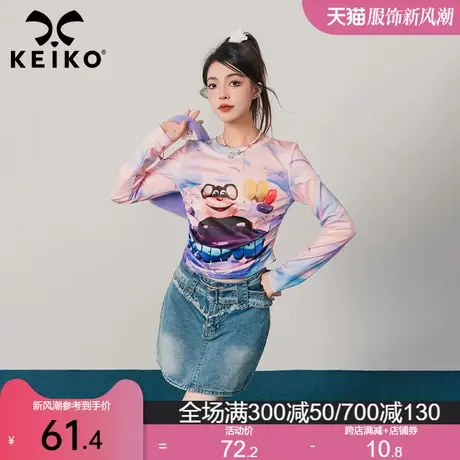 KEIKO 创意印花系列短款正肩t恤女春季辣妹圆领长袖打底衫薄款图片