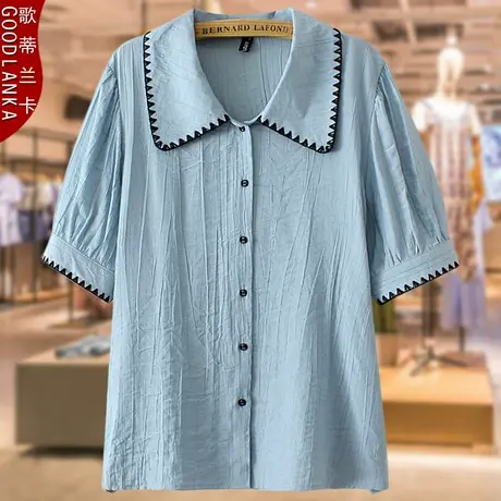 加肥加大码中年妈妈夏装女士衬衣200斤宽松洋气减龄纯棉短袖衬衫图片