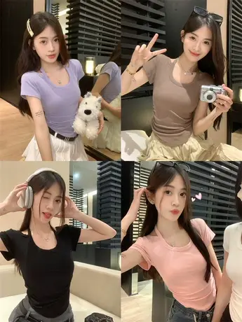 辣妹系带挂脖短袖正肩女T恤夏季设计感不规则打底衫短款上衣ins潮图片