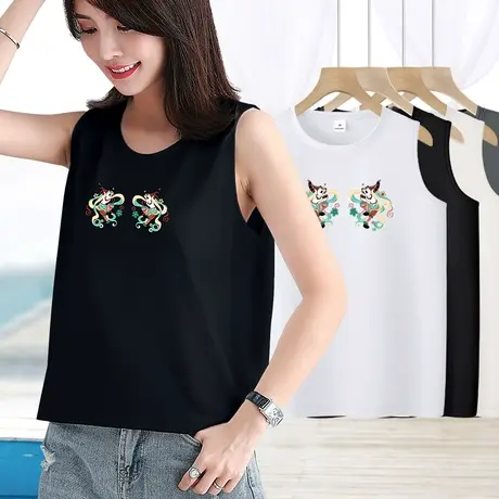 天丝吊带背心女2024夏圆领宽松外穿内搭黑色打底无袖T恤上衣女款图片