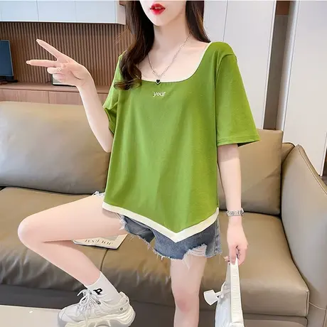 设计感小众u领短袖t恤女夏季韩版宽松大码撞色不规则正肩方领上衣商品大图