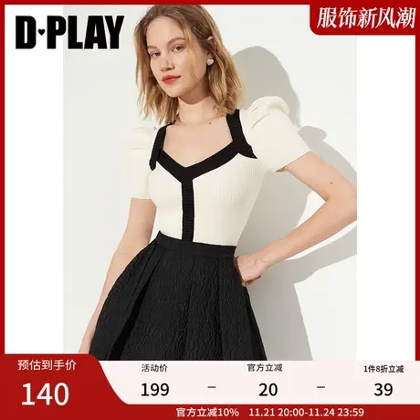 DPLAY夏新款法式复古黑白撞色方形美背领短袖针织衫图片
