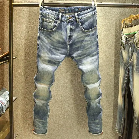 美式复古裤子男牛仔裤春秋季2024新款潮牌怀旧水洗弹力修身小脚裤商品大图