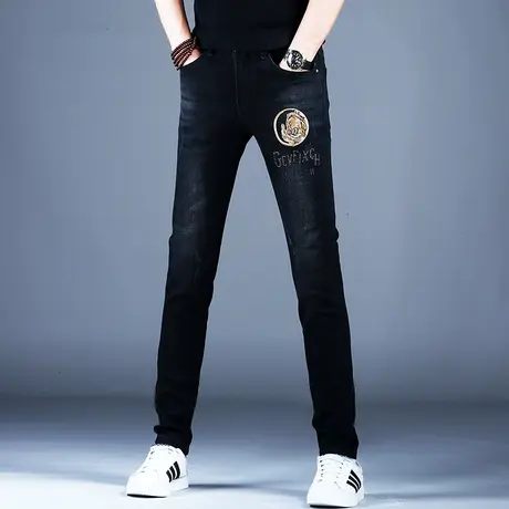 男士黑色牛仔裤男款刺绣裤子弹力百搭2023秋冬季男裤休闲高端潮牌商品大图