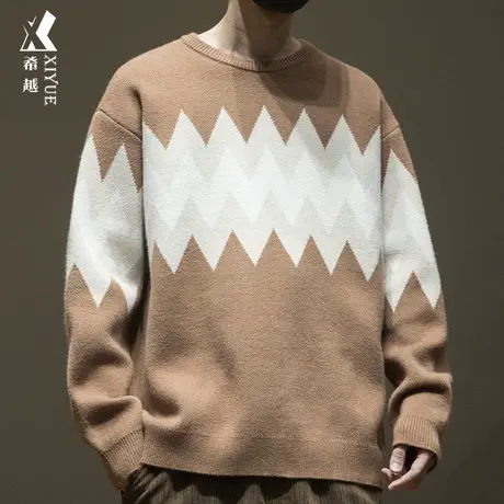 设计感撞色菱形格毛衣男800g重磅7针线衣秋冬宽松大码内搭打底衫商品大图