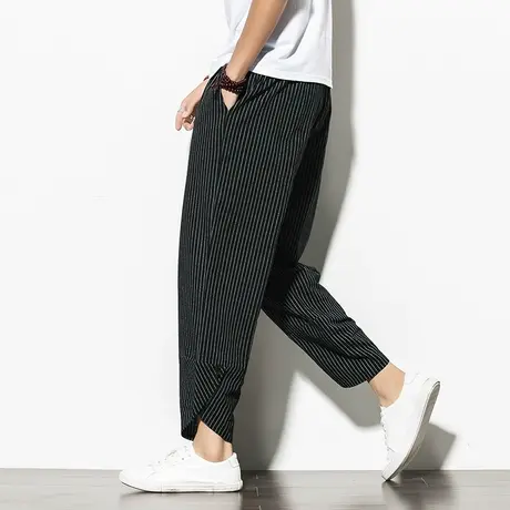 夏季男九分裤宽松小脚哈伦裤青年竖条纹裤子复古大码男装休闲裤潮商品大图