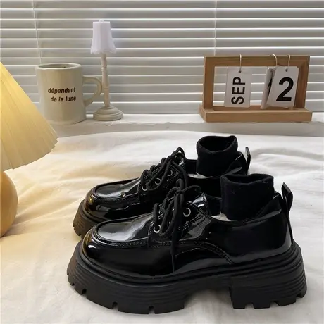 黑色漆皮小皮鞋女2023年春季新款复古英伦风百搭韩系厚底增高单鞋商品大图