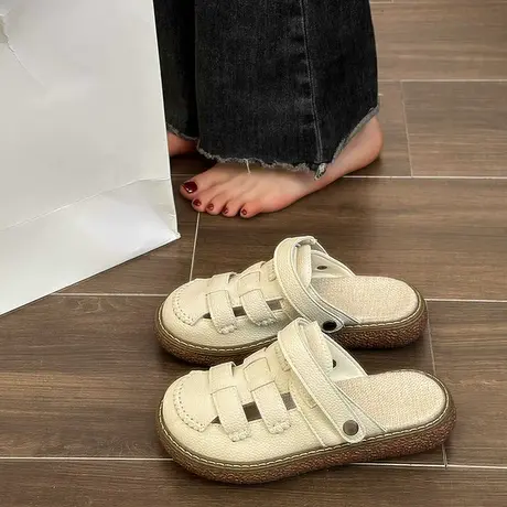 两穿镂空包头凉鞋女2023年新款文艺洞洞厚底森系罗马半拖鞋夏外穿商品大图