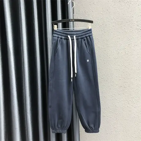 欧货个性刺绣休闲运动裤女秋冬新款深蓝松紧腰加绒加厚束脚卫裤潮图片