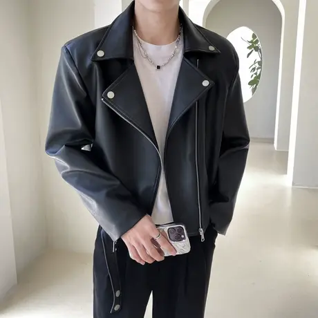 2023秋冬新款轻熟风纯色翻领领机车服PU皮飞行夹克皮外套男潮皮衣图片