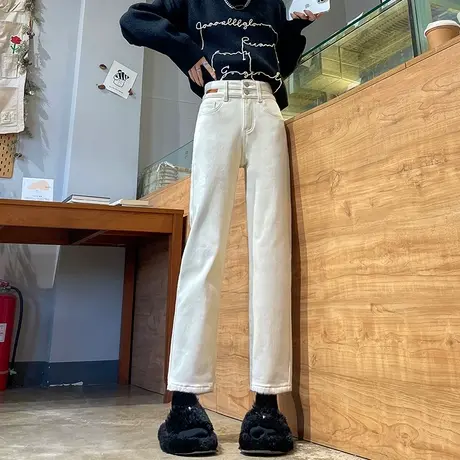 加绒加厚牛仔裤女秋冬新款高腰显瘦法棍裤宽松加长杏色直筒烟管裤商品大图