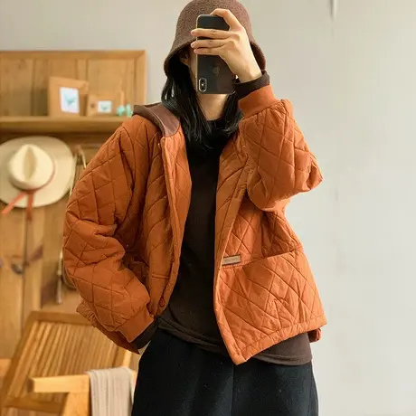 dza 复古拼接加厚菱格连帽棉衣外套女冬保暖棉袄上衣宽松短款棉服商品大图