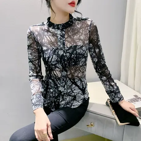 复古性感荷叶领T恤女ins网纱印花气质纽扣衬衫上衣修身显瘦打底衫商品大图