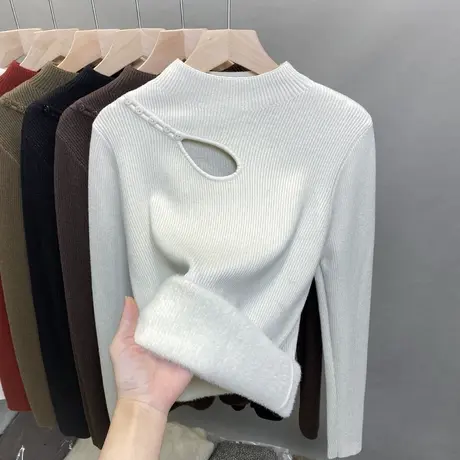 一体绒半高领毛衣女加绒厚打底衫2023秋冬新款镂空针织衫内搭上衣商品大图