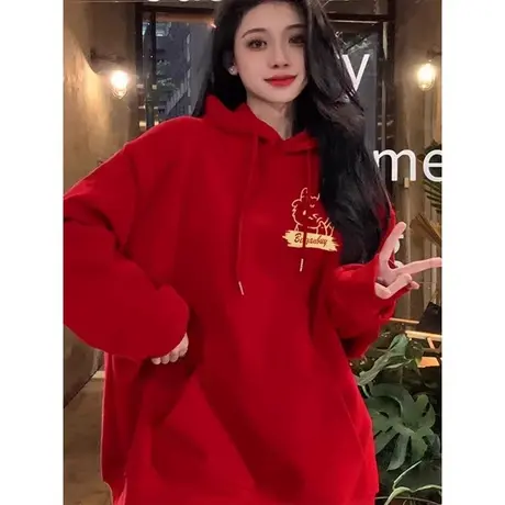 红色连帽卫衣女秋冬新款加绒加厚上衣2024年宽松中长款休闲风潮冬商品大图
