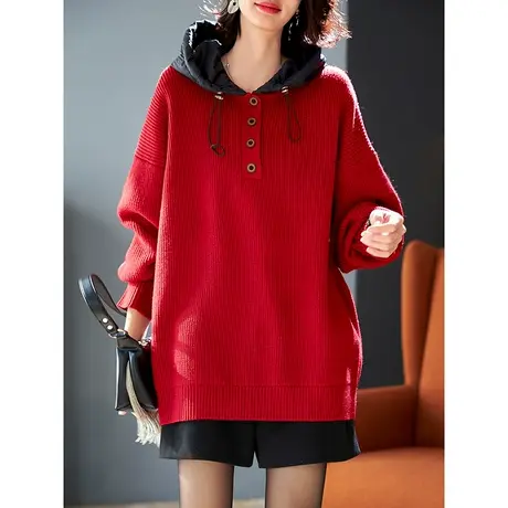 宝诗黎连帽拼接慵懒毛衣2024春季宽松显瘦针织上衣新款百搭女装潮图片