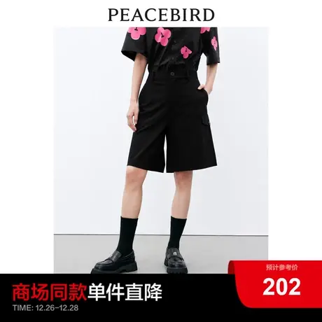 太平鸟高腰沃克工装风阔腿短裤2024年春季新款黑色宽松通勤休闲裤图片