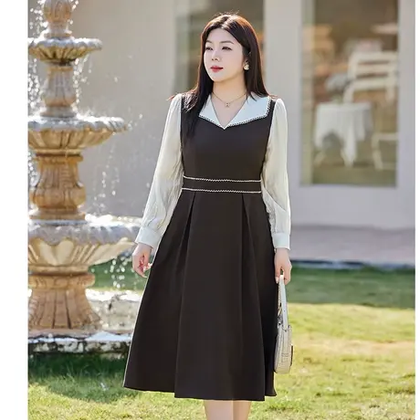 2024年春装新款大码女装显瘦收腰A字版型休闲长袖胖MM气质连衣裙图片