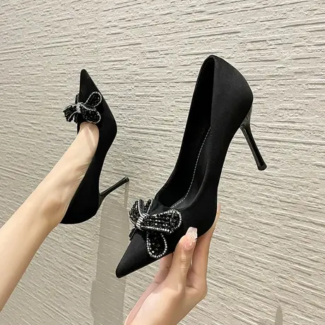 高跟鞋女2024年新款春秋季法式尖头水钻蝴蝶结单鞋配裙子气质名媛商品大图