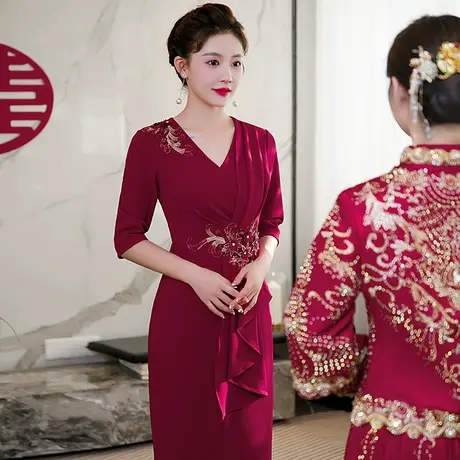新娘喜婆婆喜服妈妈装婚宴晚礼服结婚年轻参加婚礼秋洋气简约大气商品大图