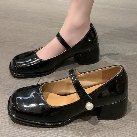 法式晚风单鞋女赫本风温柔中粗跟玛丽珍女鞋优雅淑女小皮鞋高跟鞋图片