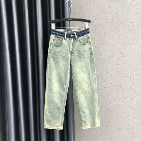 复古高腰撞色牛仔九分裤女2024春季新款小个子修身显瘦百搭直筒裤图片