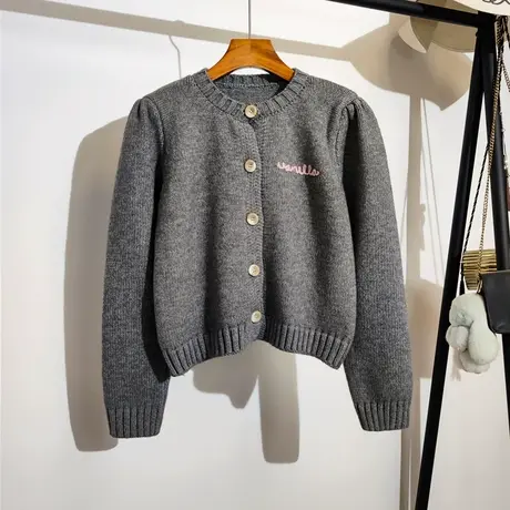 短款针织开衫女秋冬新款韩版气质圆领字母刺绣高级感长袖毛衣外套商品大图