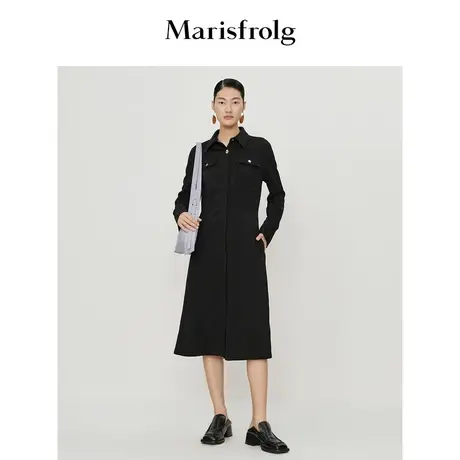 【新能量黑裙】玛丝菲尔茶歇裙春季新款POLO领衬衫式收腰连衣裙图片