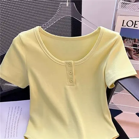 纯棉正肩短袖t恤女夏季2024年新款设计感辣妹不规则弧形短款上衣图片