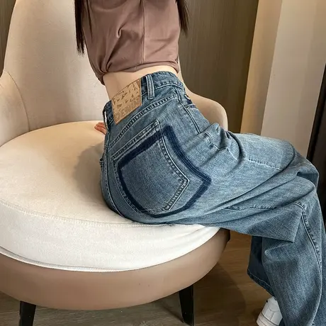 美式复古阔腿牛仔裤女2024春秋新款高腰垂感窄版显瘦直筒拖地长裤商品大图