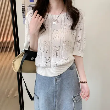 唐狮2023春夏新款短袖毛衣女超好看圆领泡泡袖小衫减龄白色T恤x商品大图