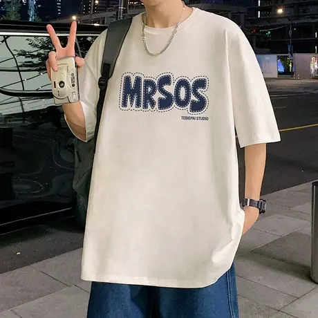 发泡印花美式短袖T恤男夏季2024新款潮牌半袖纯棉高街宽松体恤衫商品大图