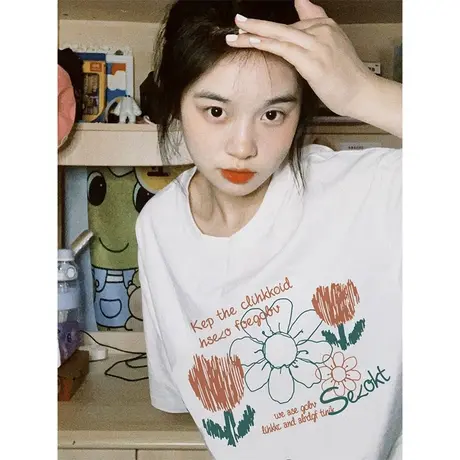 花朵印花纯棉短袖t恤女chic港味宽松百搭设计感小众别致上衣ins潮图片