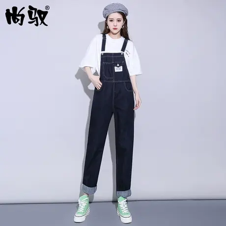 尚驭蓝色牛仔背带裤女2023年新款秋季宽松显瘦减龄孕妇大码套装图片