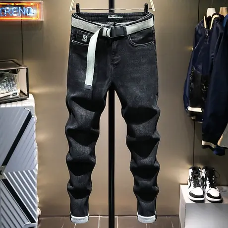 秋冬季百搭时尚黑色潮流牛仔裤男士修身直筒抓绒加厚高档裤子男裤商品大图