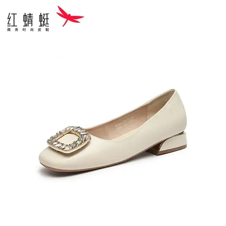 红蜻蜓一脚蹬单鞋2023夏季新款女鞋浅口水钻女士皮鞋粗跟通勤单鞋商品大图