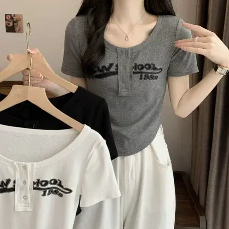 辣妹紧身正肩短袖T恤女夏设计感小众修身内搭短款打底甜辣短上衣商品大图