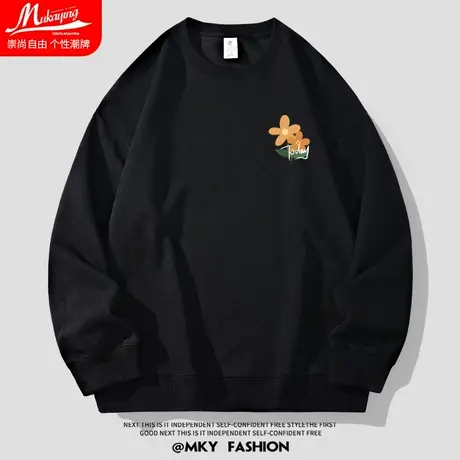 简约潮流小花印花卫衣男圆领春秋款黑色宽松大码百搭青少年情侣装商品大图