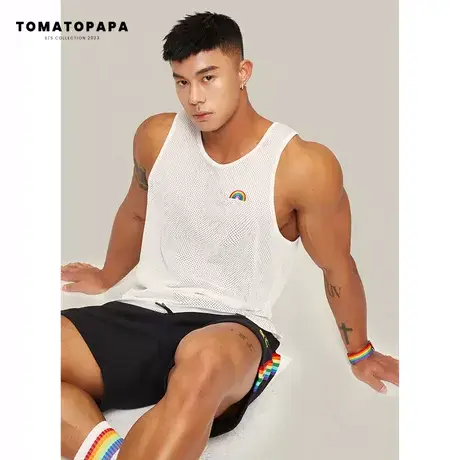 TOMATOPAPA原创运动背心男彩虹圈3D刺绣网面透气凉感健身训练衣男商品大图