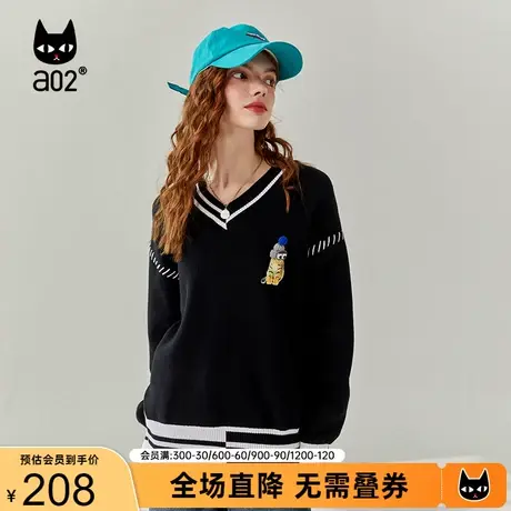 a02猫咪慵懒风休闲针织毛衣女2023秋冬季新品黑白拼接上衣打底衫商品大图