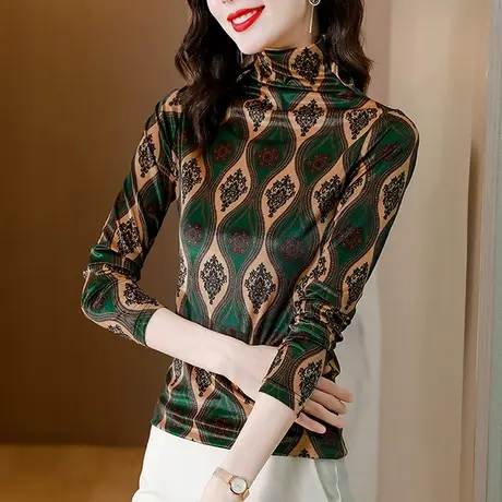 复古气质丝绒打底衫女长袖洋气内搭高领上衣漂亮印花修身T恤秋冬商品大图