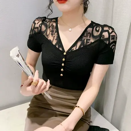 网纱拼接短袖上衣女夏季欧货时尚性感V领T恤半袖洋气紧身百搭小衫商品大图