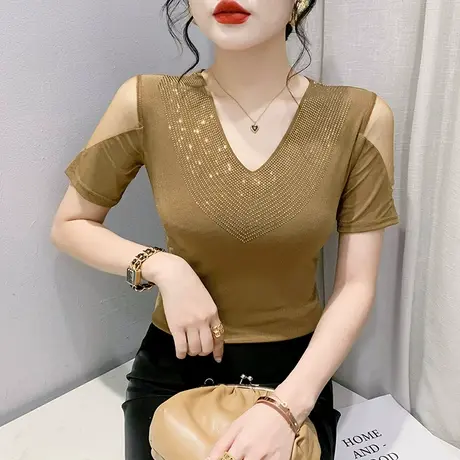 性感V领短袖T恤女夏季2023新款洋气修身网纱拼接小衫重工烫钻上衣商品大图