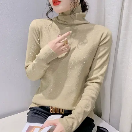 堆堆高领毛衣女秋冬2023新款内搭紧身洋气打底衫时尚烫钻针织上衣图片