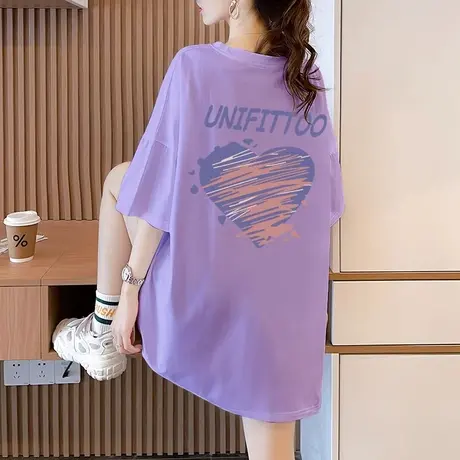 2023新款短袖t恤女夏季中长款爆款爱心印花宽松设计感纯棉上衣ins商品大图