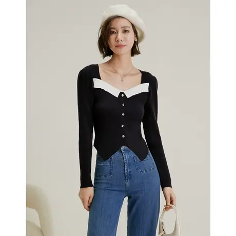 弥古小香风黑色针织衫上衣女早秋长袖薄款修身法式方领撞色打底衫商品大图